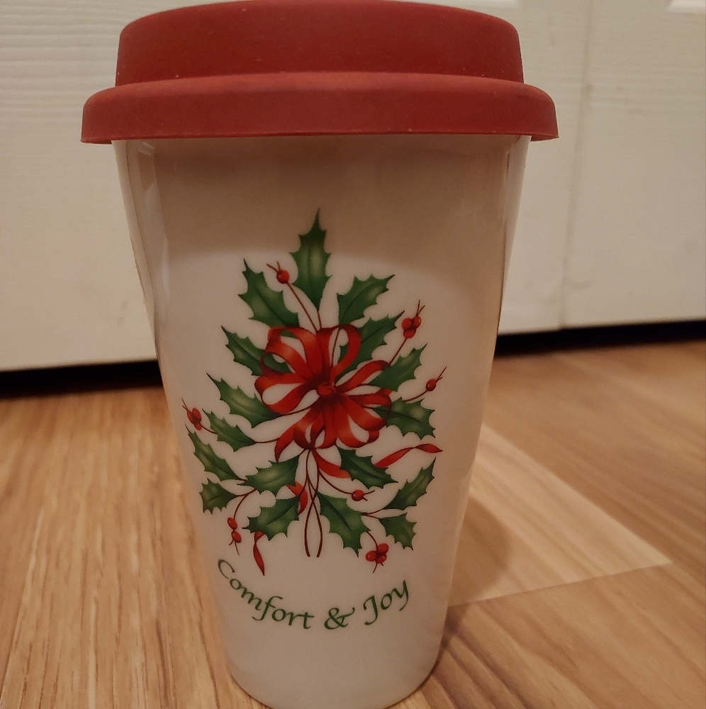 Lenox Christmas 12 Oz Travel Mug Silicone Lid Comfort And Joy Unused